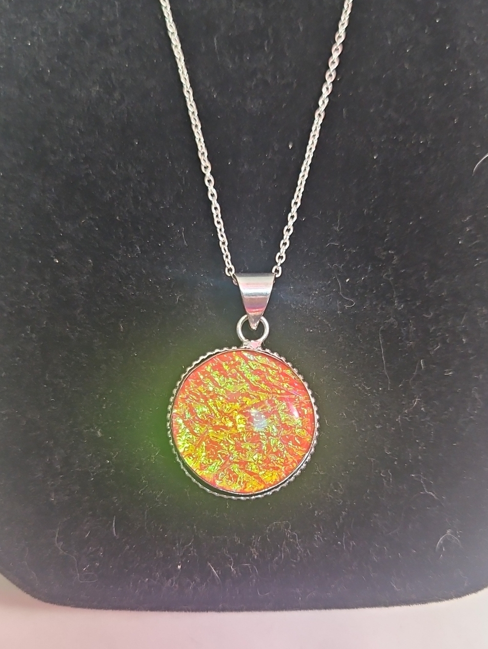 Round Iridescent Orange Dichroic Pendant Necklace